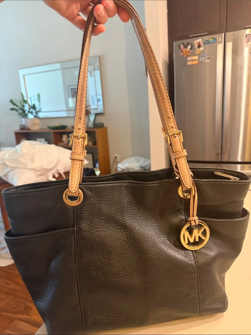 Michael Kors Black Leather Tote with Tan Straps and Gold MK Charm